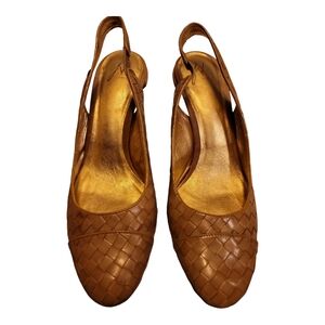 J Vincent heels slingback 10M woven leather neutral tan color brown 3.5" heels